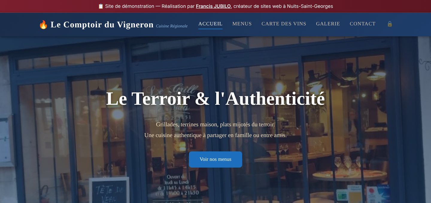 Page d'accueil du site de démonstration Le Comptoir du Vigneron
